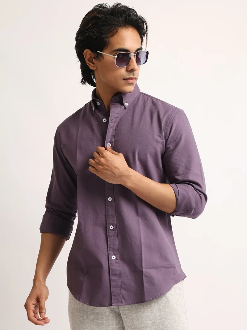مانياك Maniac Mens Solid Collared Neck Full Sleeve Oxford Linen Blend Fabric Purple Shirt